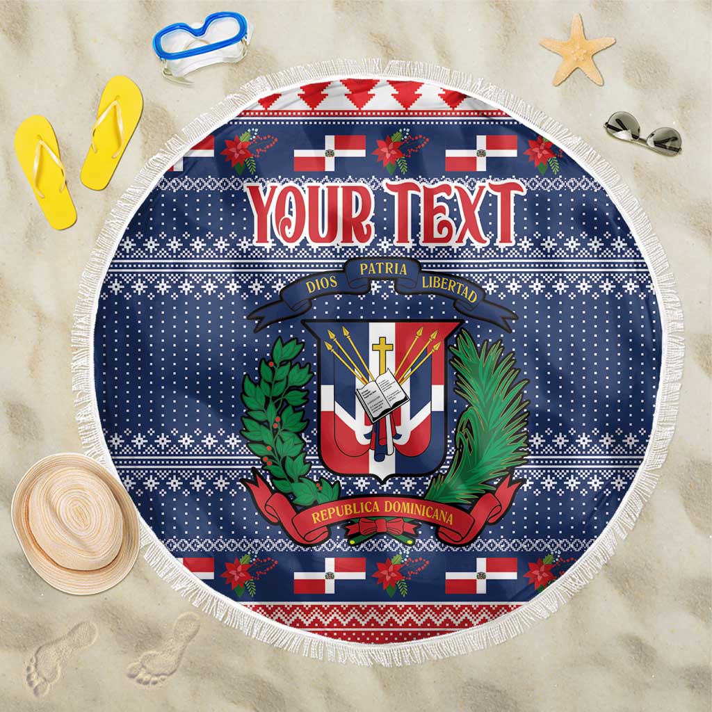 Blue round beach blanket with tassel fringe, Dominican coat of arms and “YOUR TEXT”.