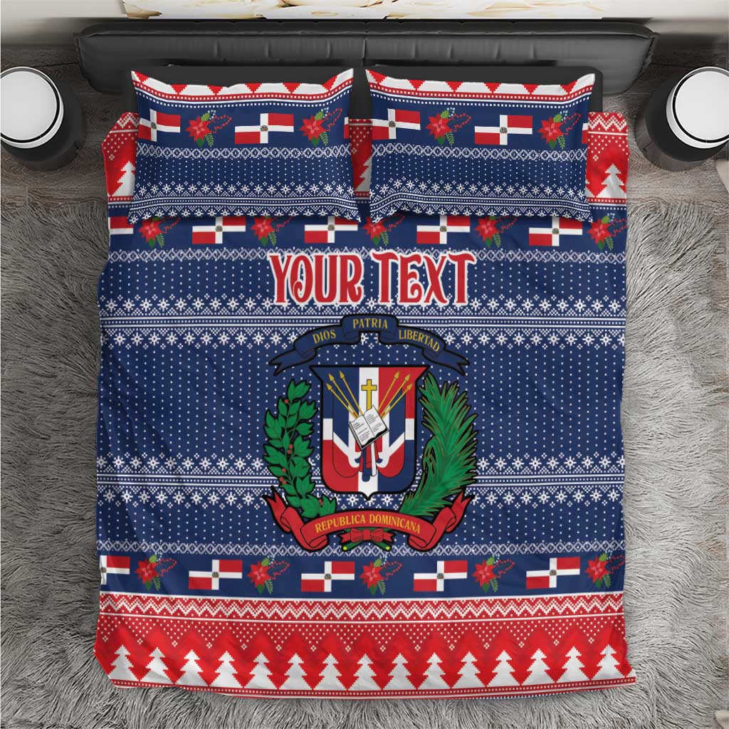 Blue Christmas bedding set with crest, red trim, and customizable “Your Text”