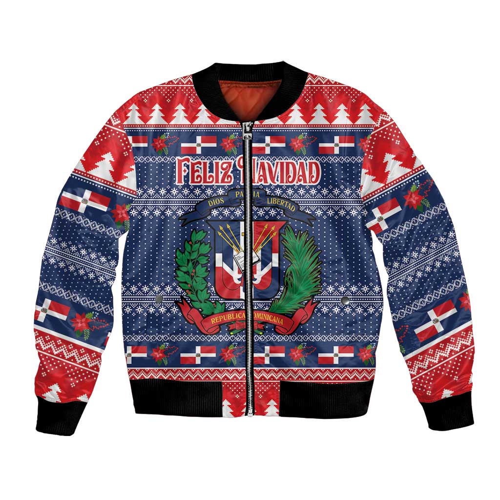 Unisex blue bomber jacket with Feliz Navidad graphic and red/white holiday pattern