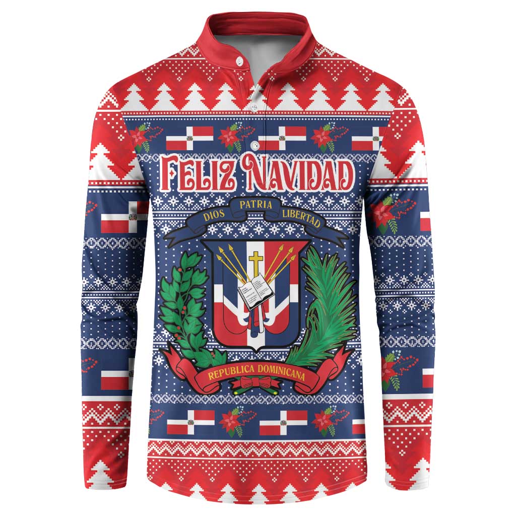 Red/blue button-up sweatshirt with Feliz Navidad graphic, Dominican crest, long sleeves