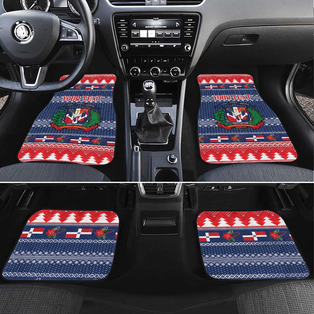 Blue Christmas car floor mats set with Dominican coat of arms and red/white pattern, YOUR TEXT