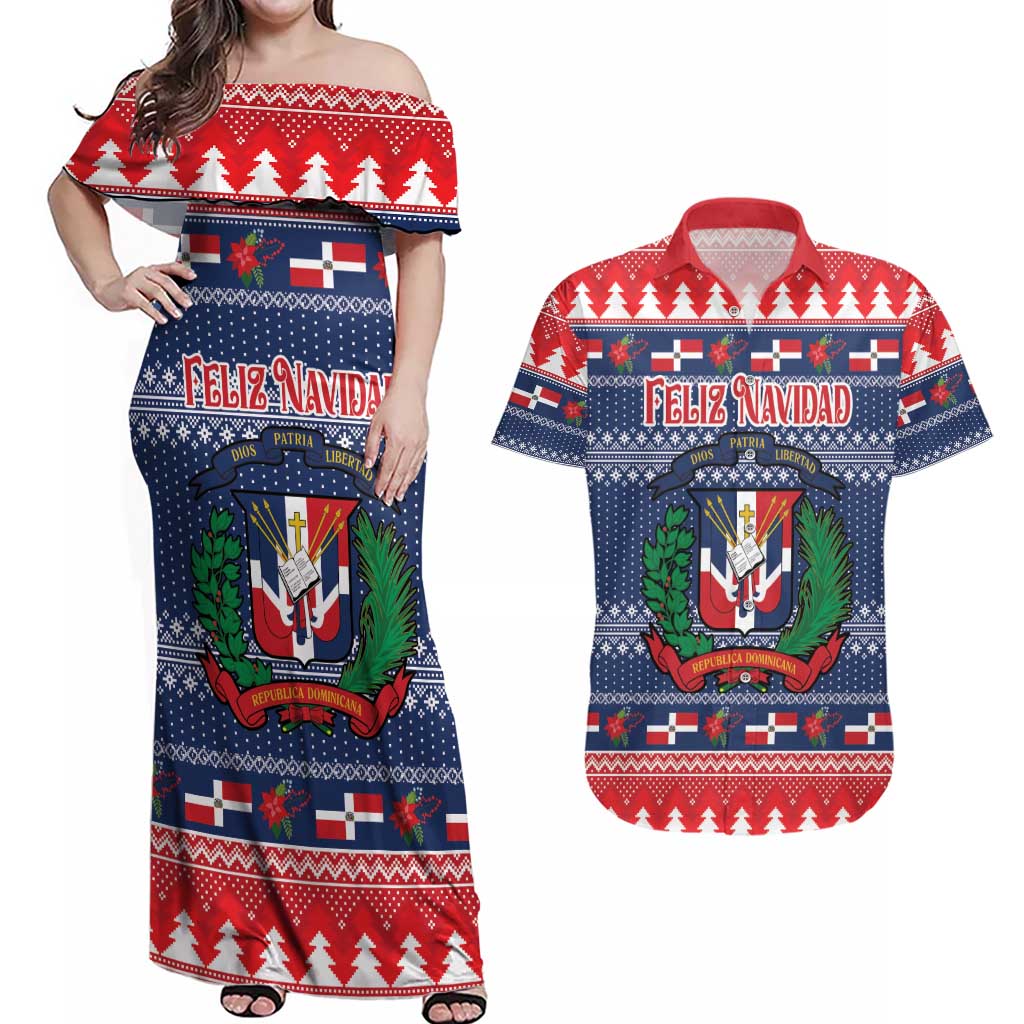 Personalized Dominican Republic Christmas Couples Matching Off Shoulder Maxi Dress and Hawaiian Shirt Dominicana Coat Of Arms Christmas Pattern - Wonder Print Shop