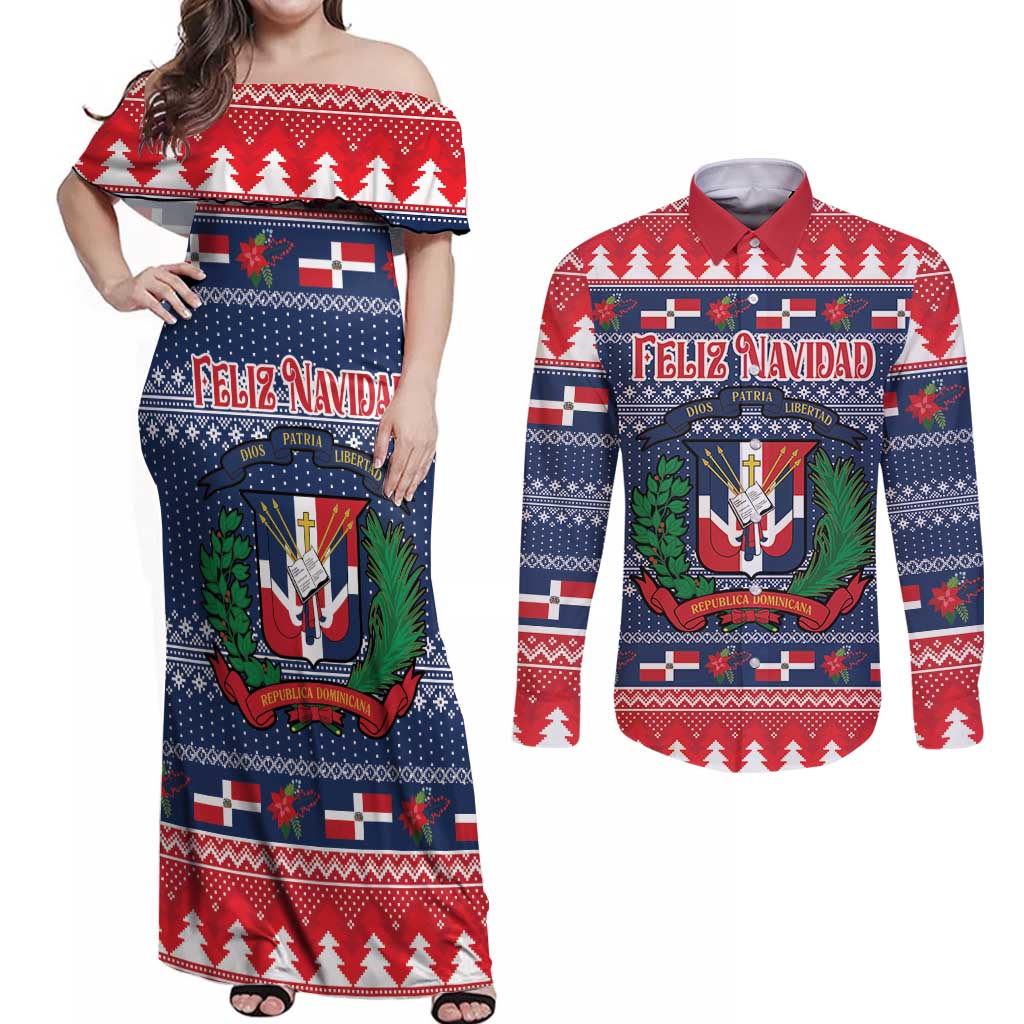 Personalized Dominican Republic Christmas Couples Matching Off Shoulder Maxi Dress and Long Sleeve Button Shirt Dominicana Coat Of Arms Christmas Pattern - Wonder Print Shop