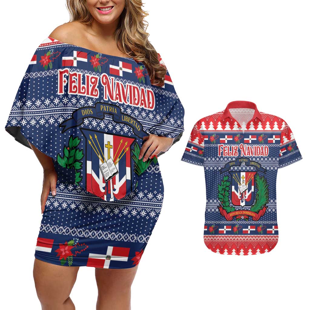 Personalized Dominican Republic Christmas Couples Matching Off Shoulder Short Dress and Hawaiian Shirt Dominicana Coat Of Arms Christmas Pattern - Wonder Print Shop