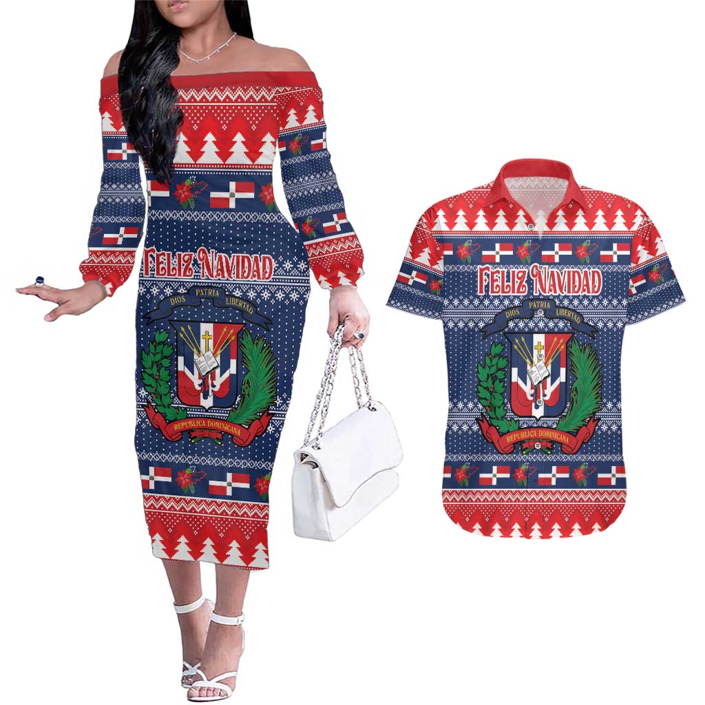 Personalized Dominican Republic Christmas Couples Matching Off The Shoulder Long Sleeve Dress and Hawaiian Shirt Dominicana Coat Of Arms Christmas Pattern - Wonder Print Shop