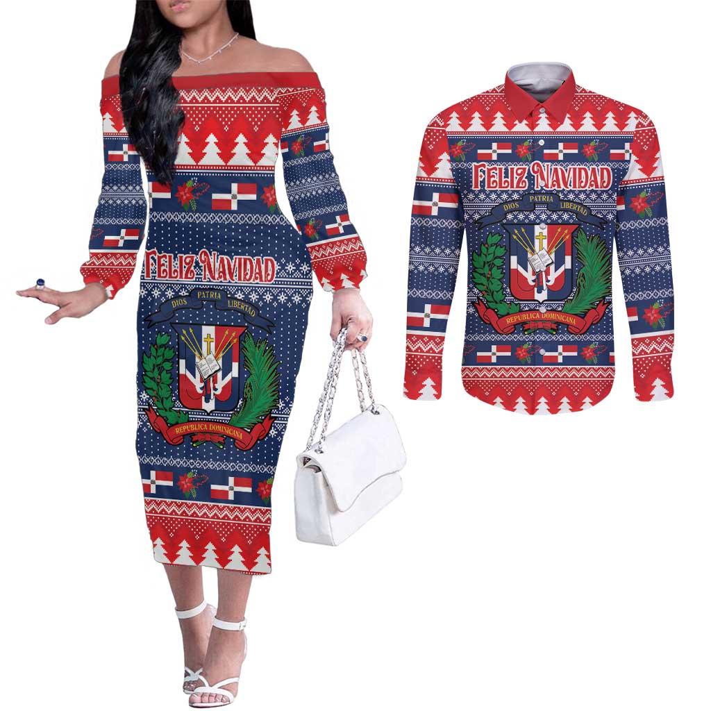 Personalized Dominican Republic Christmas Couples Matching Off The Shoulder Long Sleeve Dress and Long Sleeve Button Shirt Dominicana Coat Of Arms Christmas Pattern