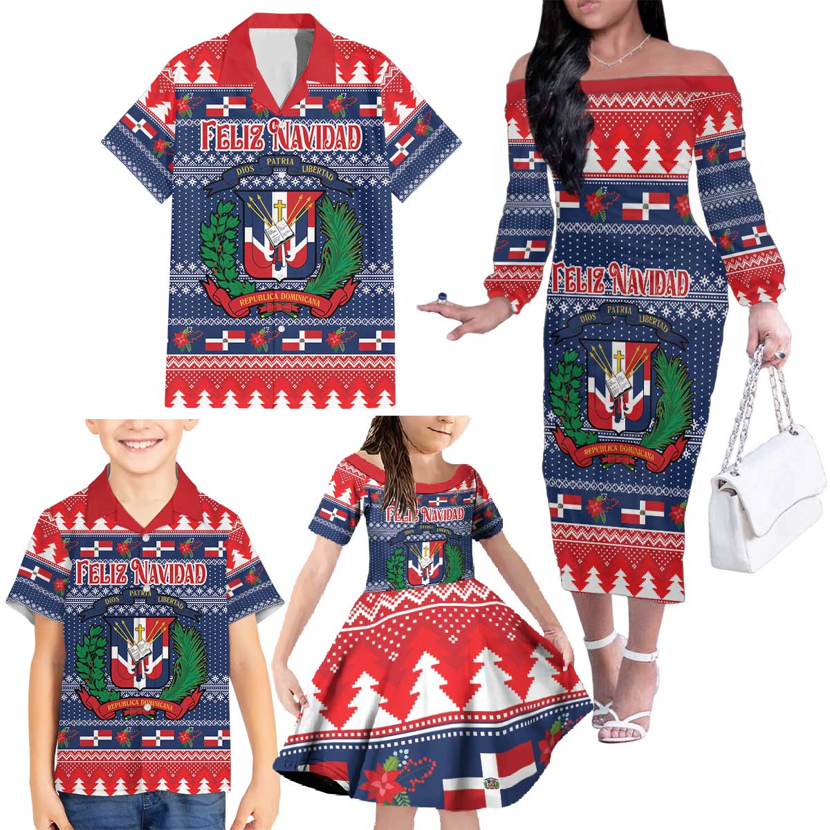 Personalized Dominican Republic Christmas Family Matching Off The Shoulder Long Sleeve Dress and Hawaiian Shirt Dominicana Coat Of Arms Christmas Pattern - Wonder Print Shop