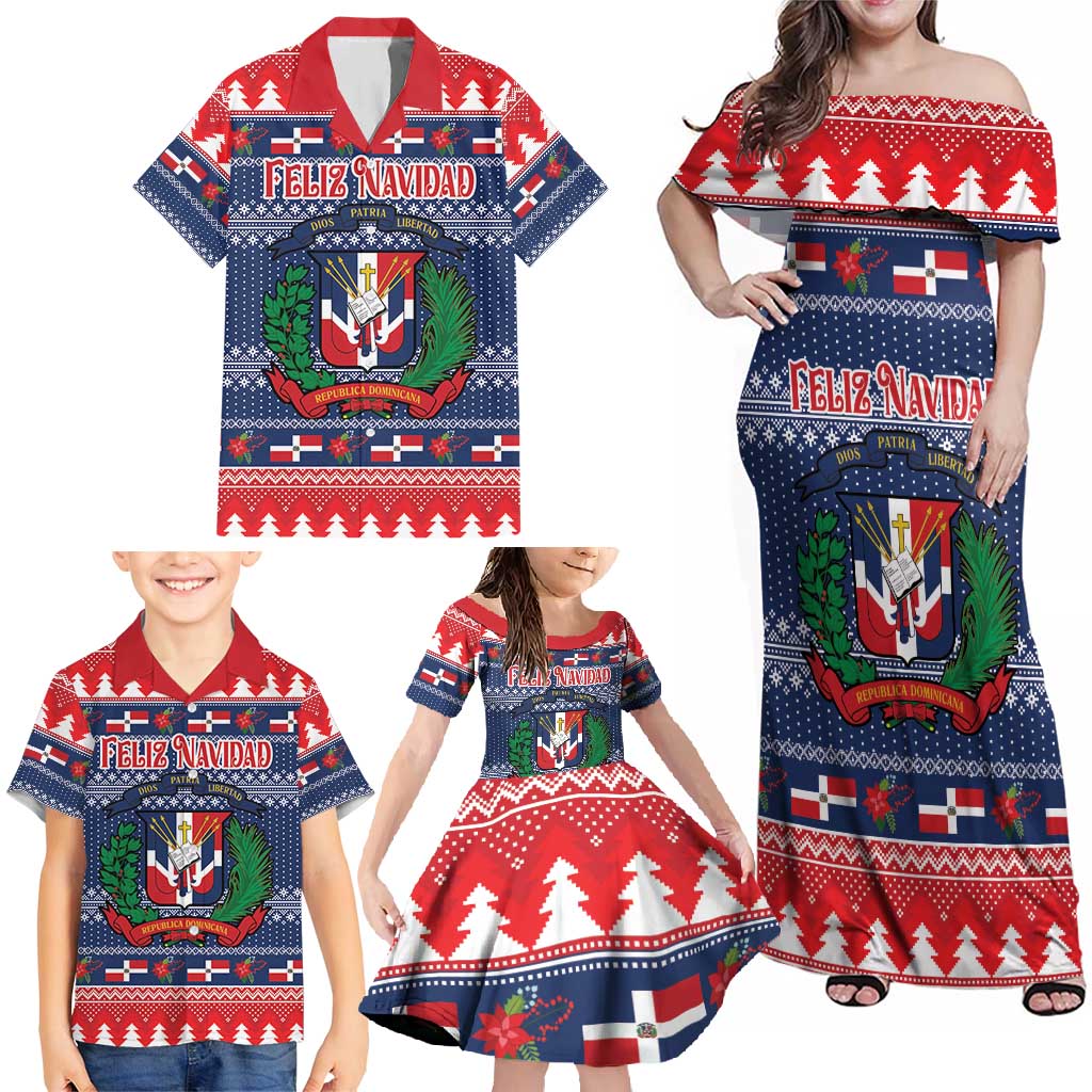 Personalized Dominican Republic Christmas Family Matching Off Shoulder Maxi Dress and Hawaiian Shirt Dominicana Coat Of Arms Christmas Pattern - Wonder Print Shop