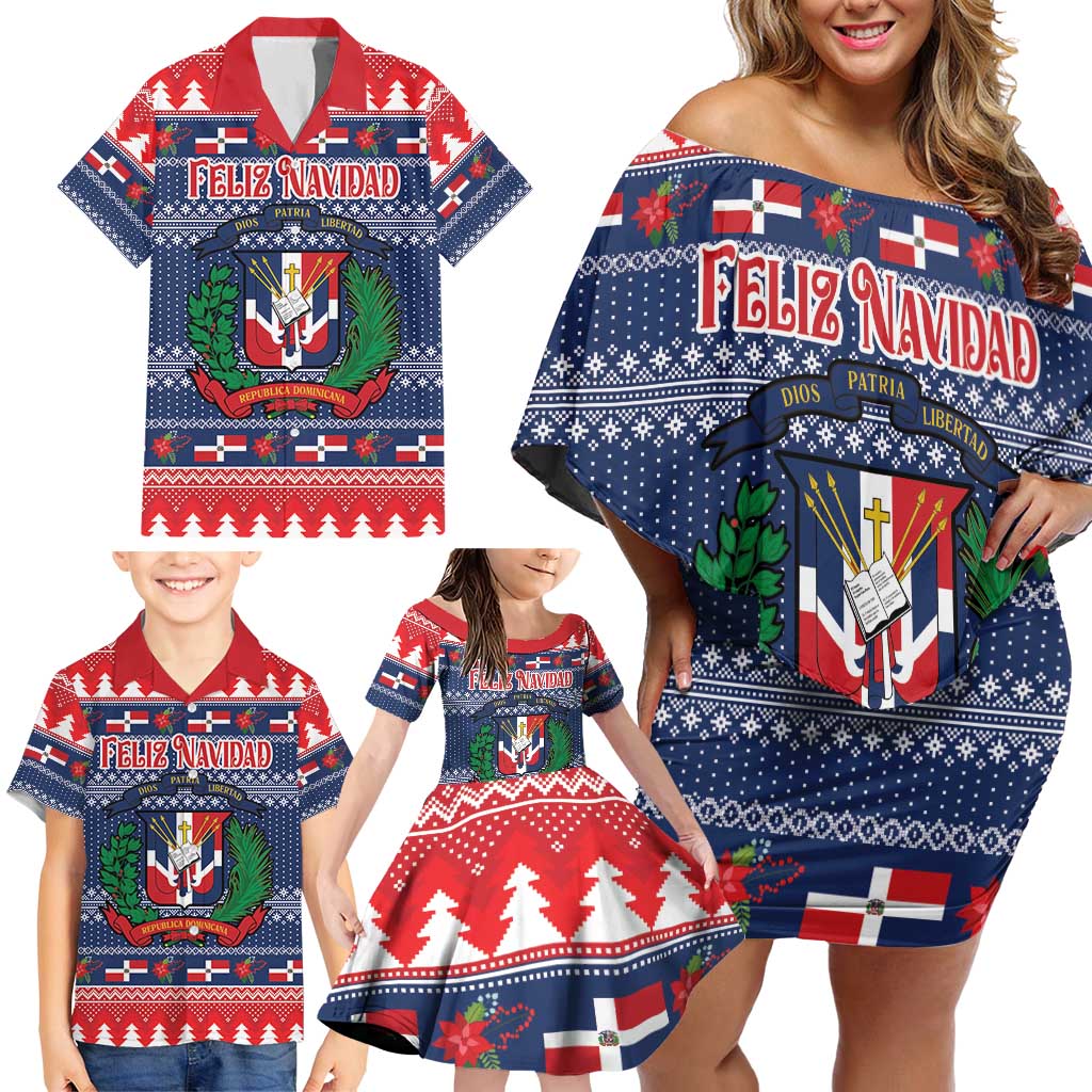 Personalized Dominican Republic Christmas Family Matching Off Shoulder Short Dress and Hawaiian Shirt Dominicana Coat Of Arms Christmas Pattern - Wonder Print Shop