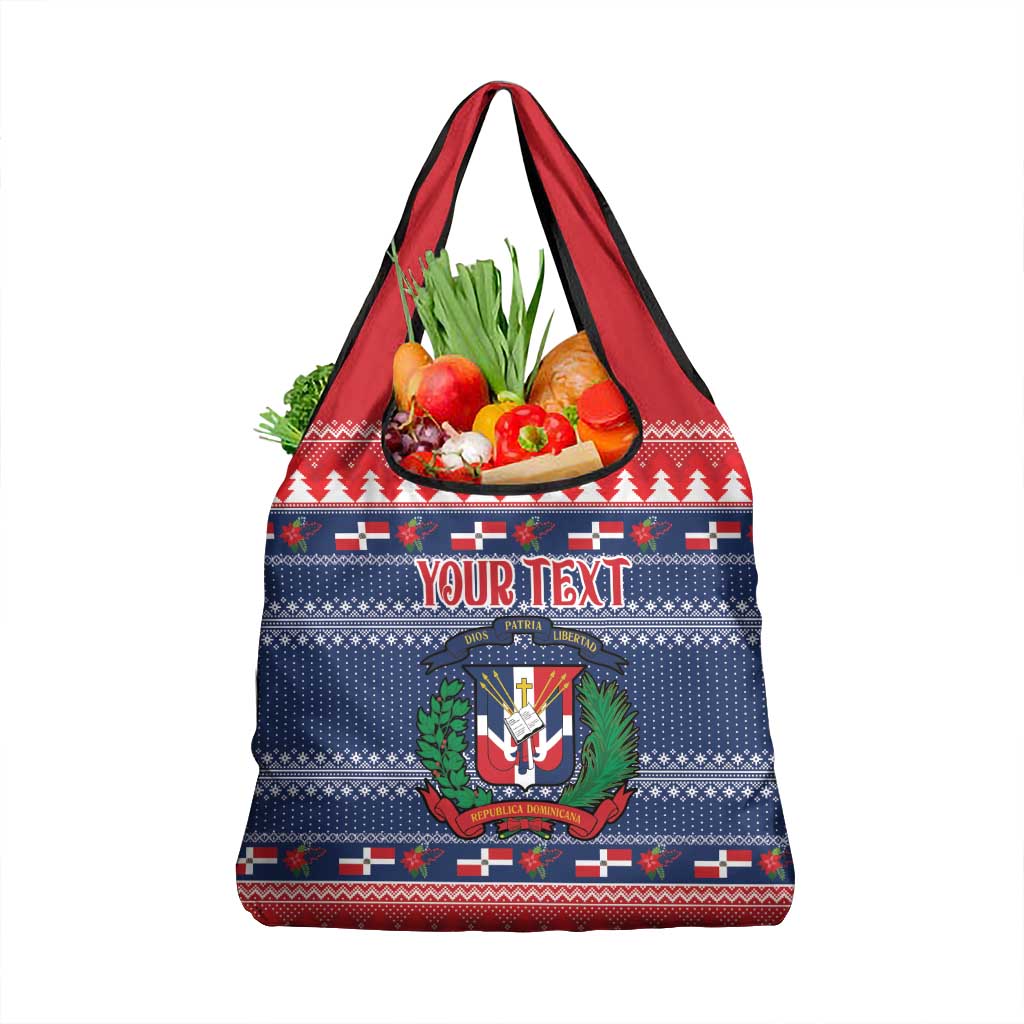 Personalized Christmas grocery tote bag in blue/red with crest and 'YOUR TEXT' front