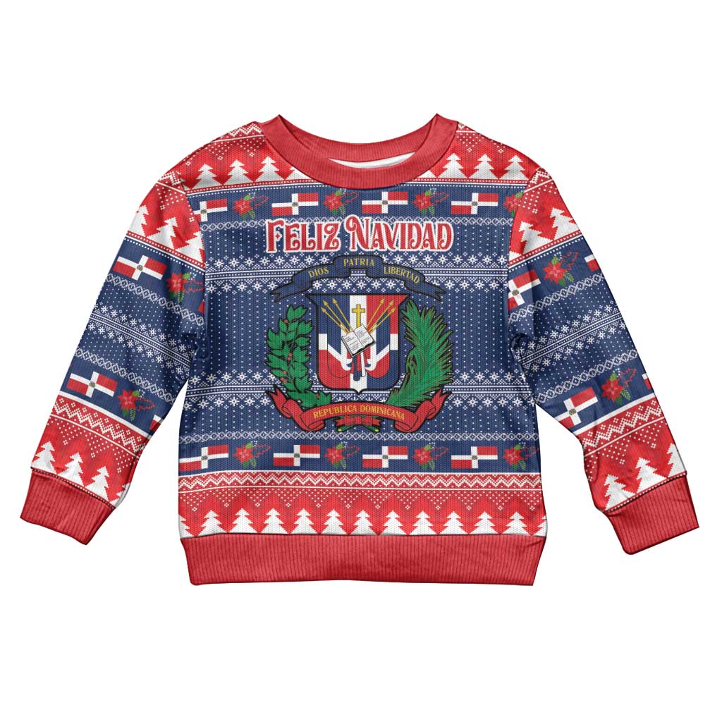 Kids Christmas sweater in red-and-blue with Feliz Navidad graphic and striped cuffs.