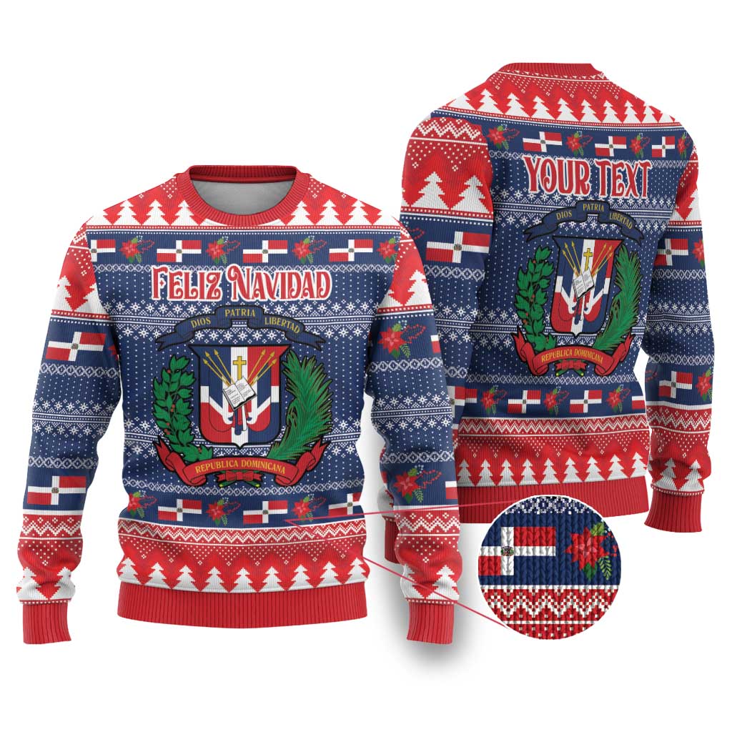 Blue and red Christmas sweater with crest; front 'Feliz Navidad', back 'YOUR TEXT'.