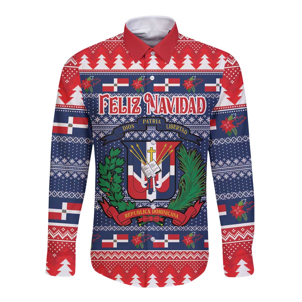 Red, white, and blue long-sleeve button shirt with Feliz Navidad crest print