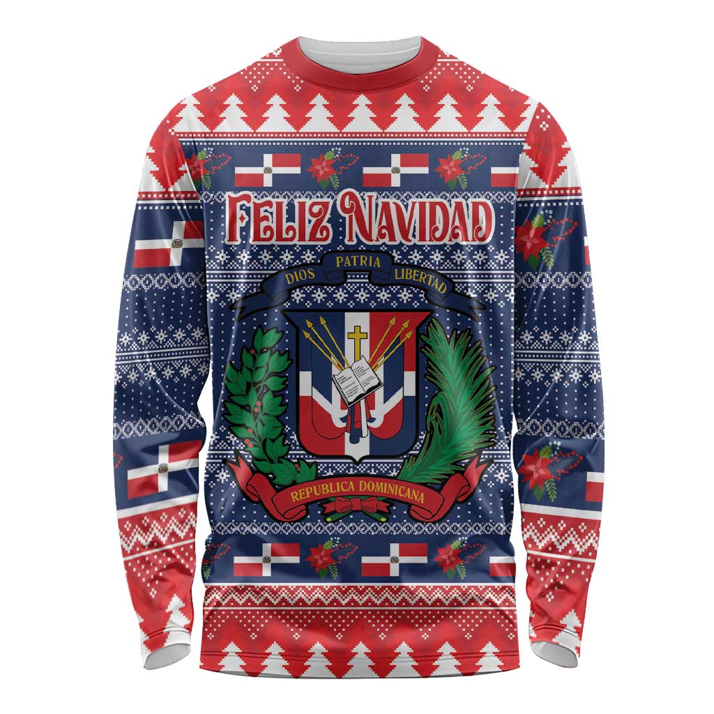 Unisex long-sleeve Christmas shirt with blue-red Feliz Navidad crest front
