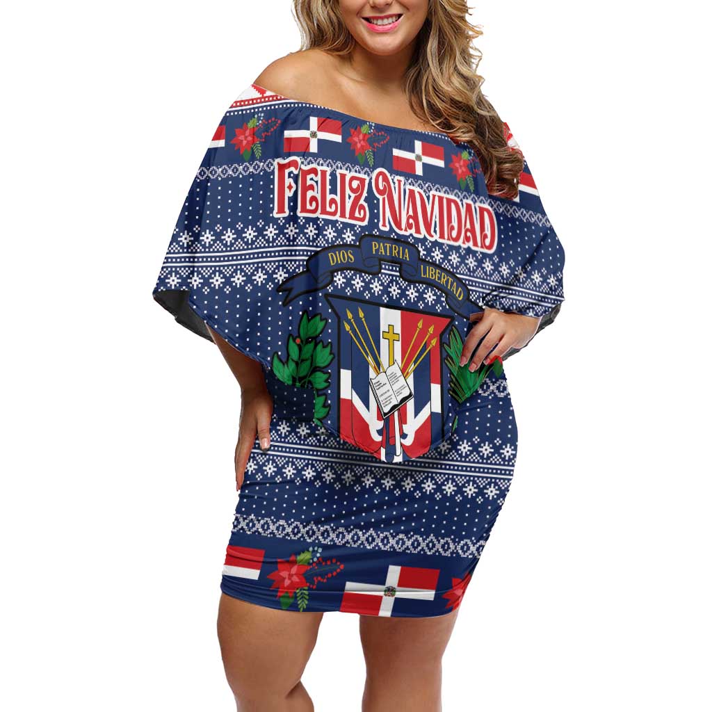 Personalized Dominican Republic Christmas Off Shoulder Short Dress Dominicana Coat Of Arms Christmas Pattern - Wonder Print Shop