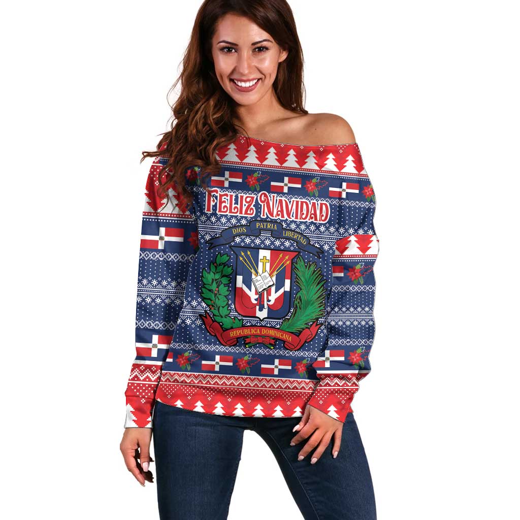 Off-shoulder Christmas sweater in red, blue, and white with Feliz Navidad front print