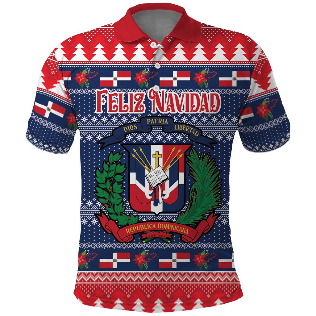 Christmas polo shirt with red collar, navy-red festive coat of arms and Feliz Navidad