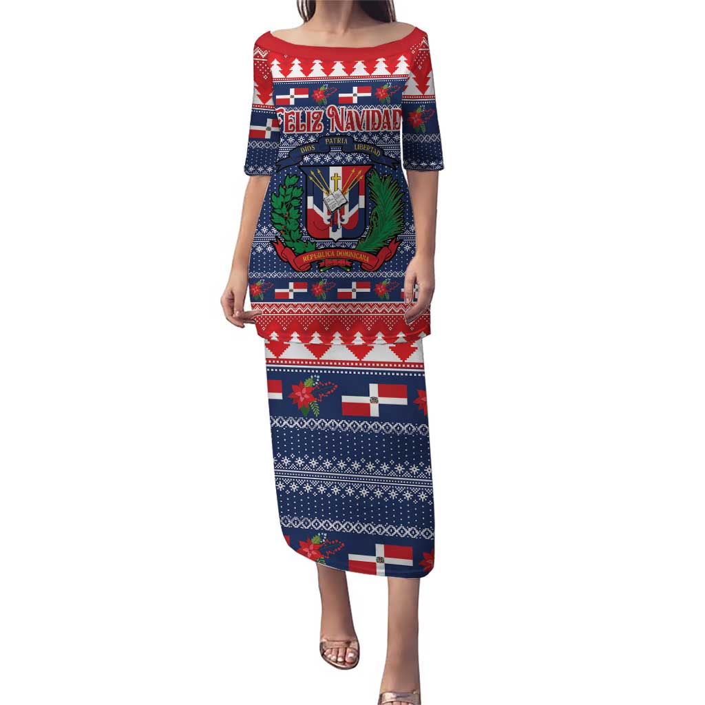 Blue Christmas long dress with coat-of-arms graphic, Feliz Navidad and red/white accents
