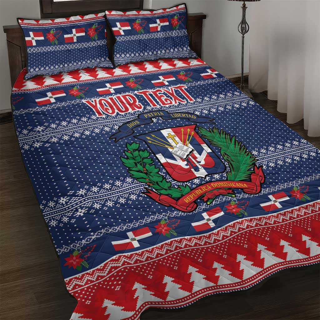 Blue and red Christmas quilt bed set with Dominican crest and two matching pillows