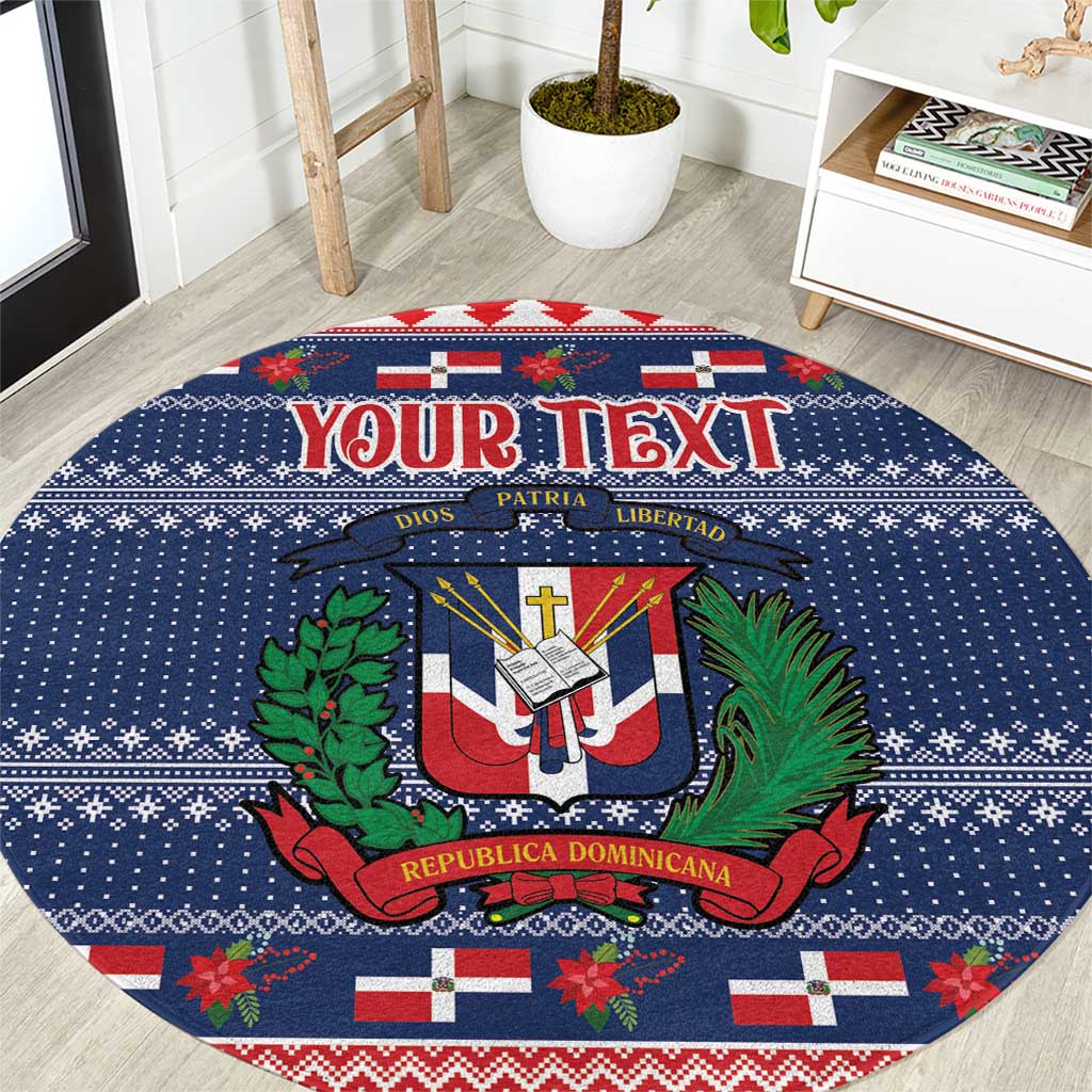 Blue round Christmas carpet with Dominican crest, red/green plants, and 'YOUR TEXT' banner