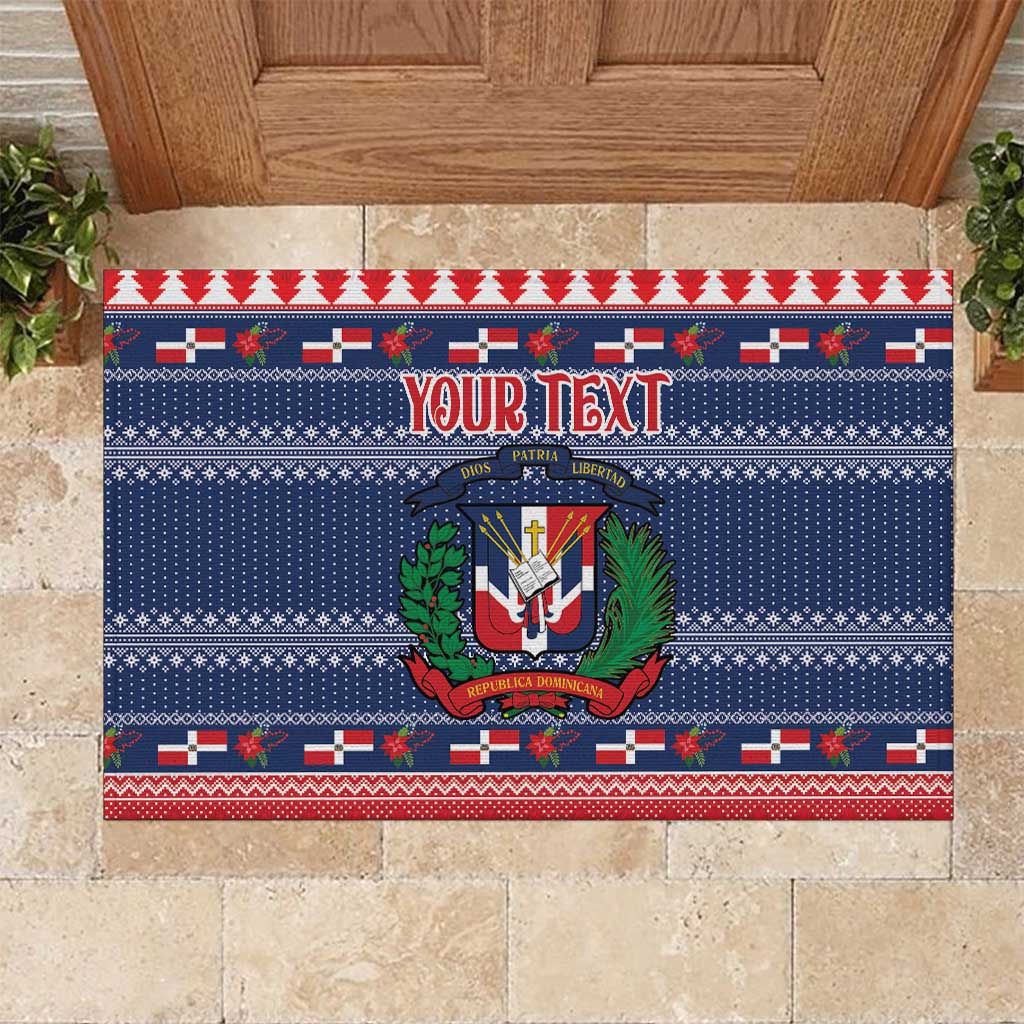 Blue rubber Christmas doormat with red and white pattern, coat of arms, and 'Your Text'.