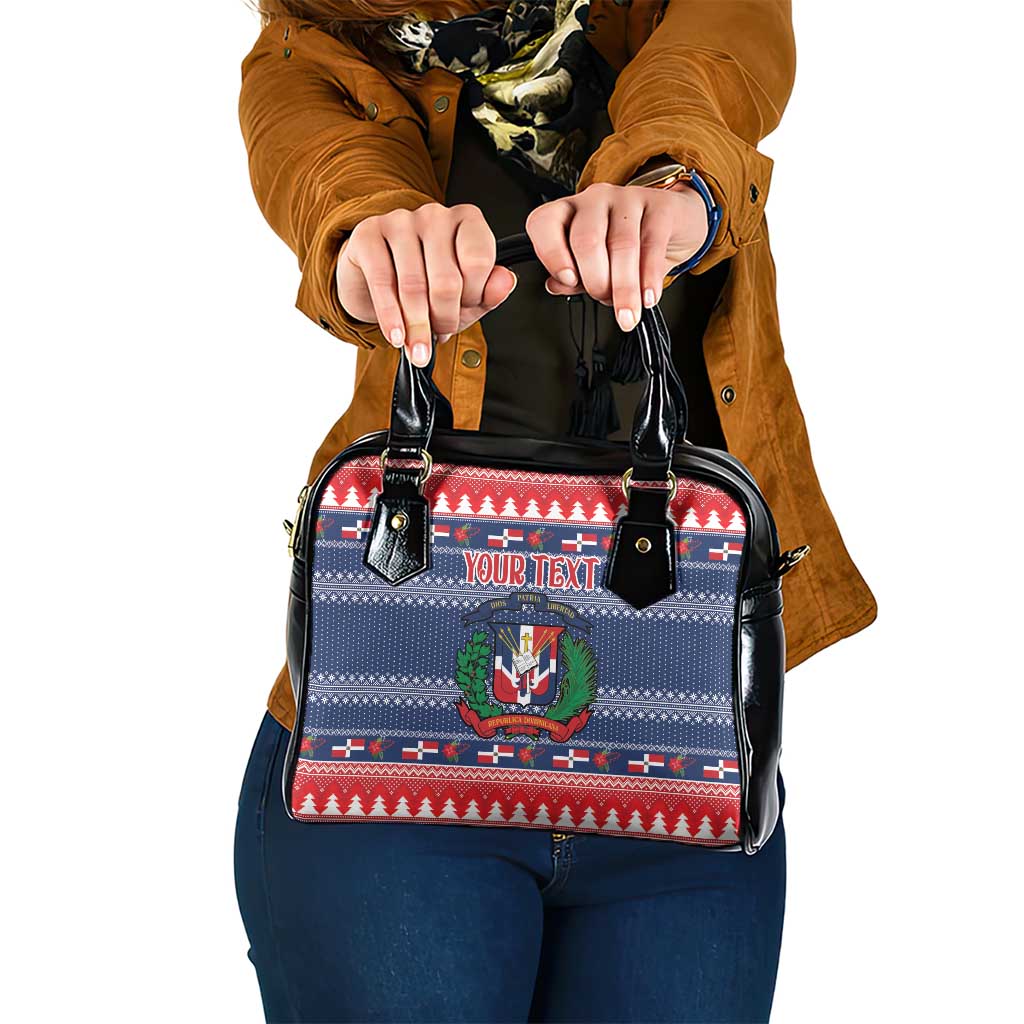 Personalized shoulder handbag, black handles, blue holiday pattern, crest and “Your Text”