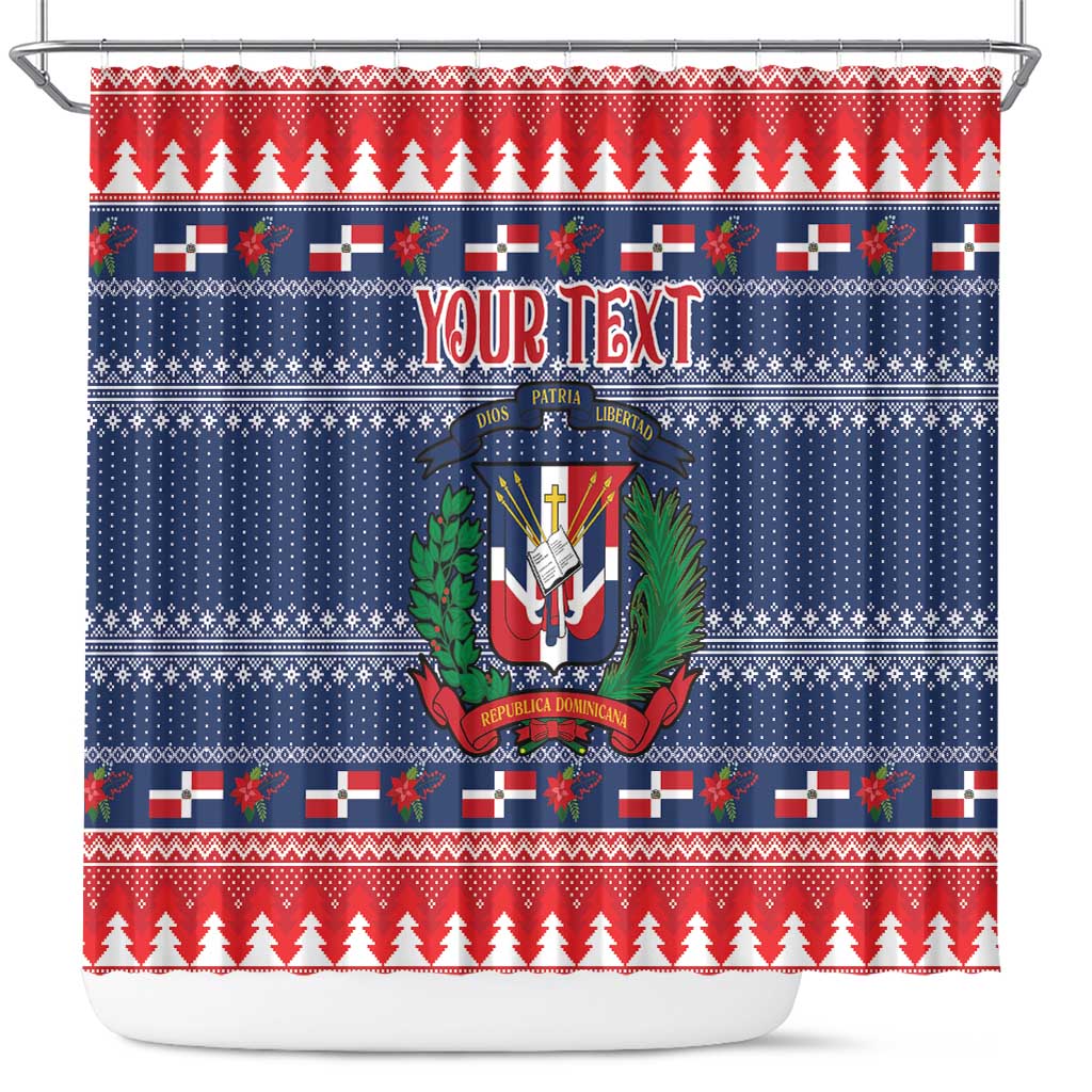 Blue shower curtain with red trim, Dominican coat of arms and customizable text
