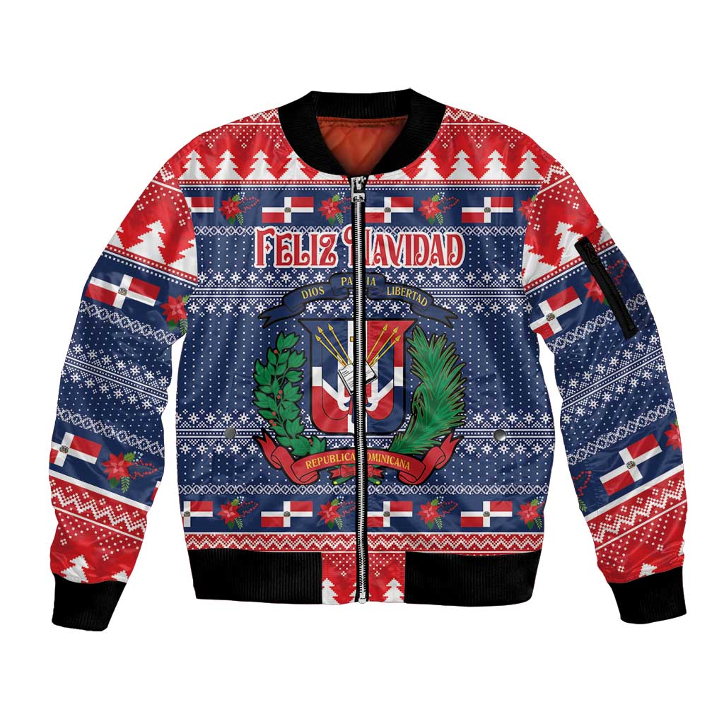 Unisex blue zip bomber jacket with Feliz Navidad holiday print and central coat-of-arms