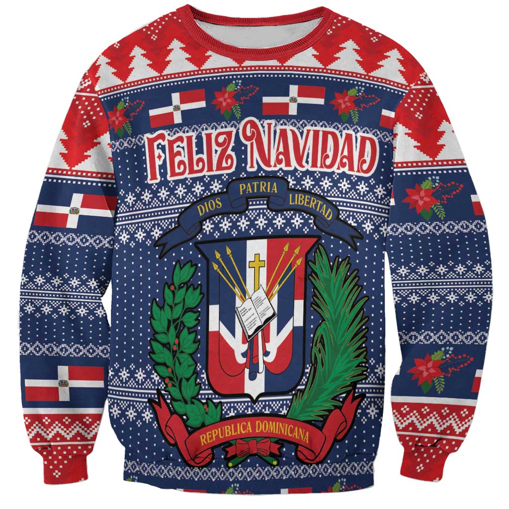 Unisex Christmas sweatshirt, blue-red knit with Feliz Navidad crest graphic, long sleeves
