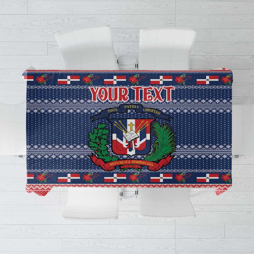 Blue Christmas tablecloth with custom text and Dominican coat of arms
