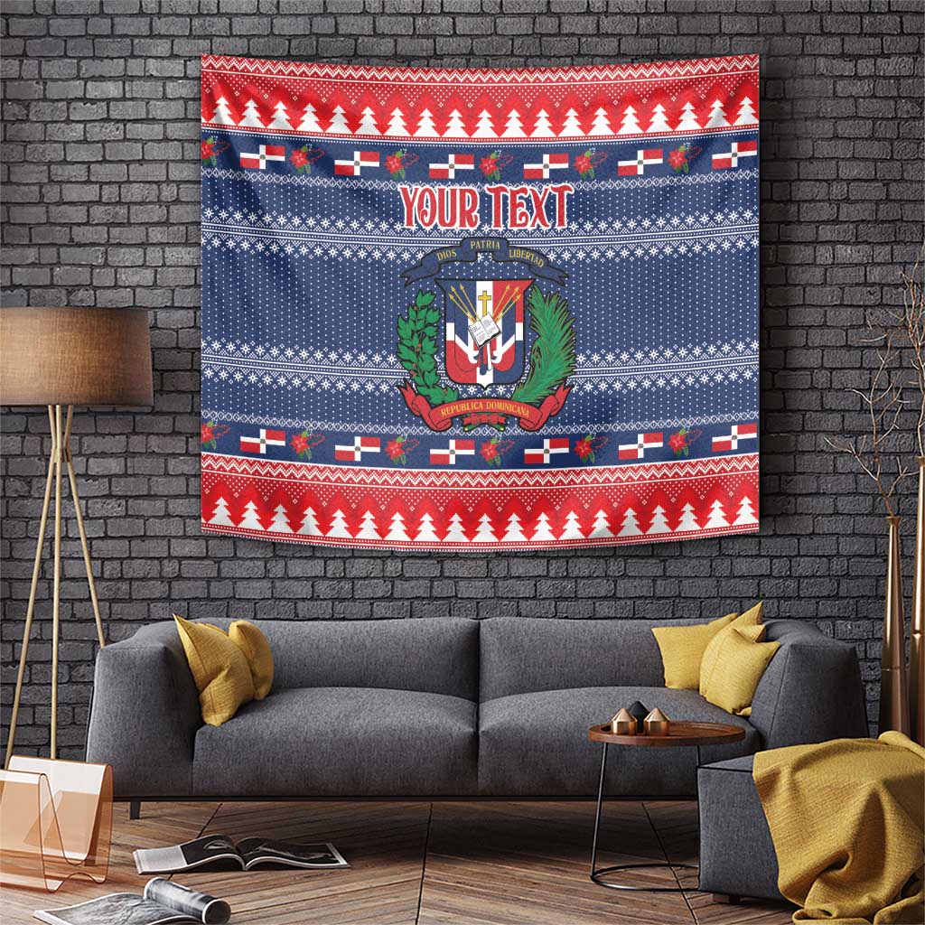 Rectangular wall tapestry with Dominican coat of arms and holiday red-blue pattern