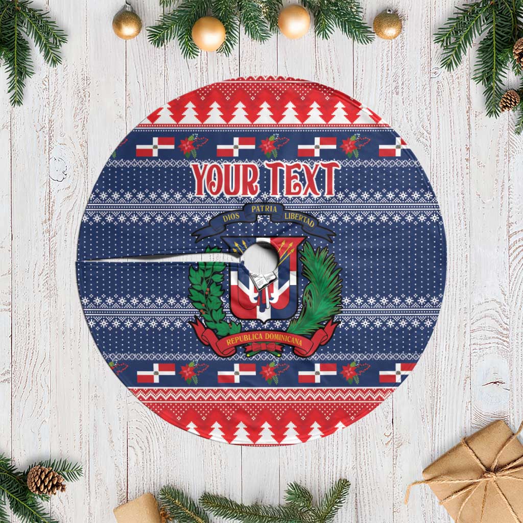 Blue round Christmas tree skirt with Dominican emblem and fringe edge, red trim pattern