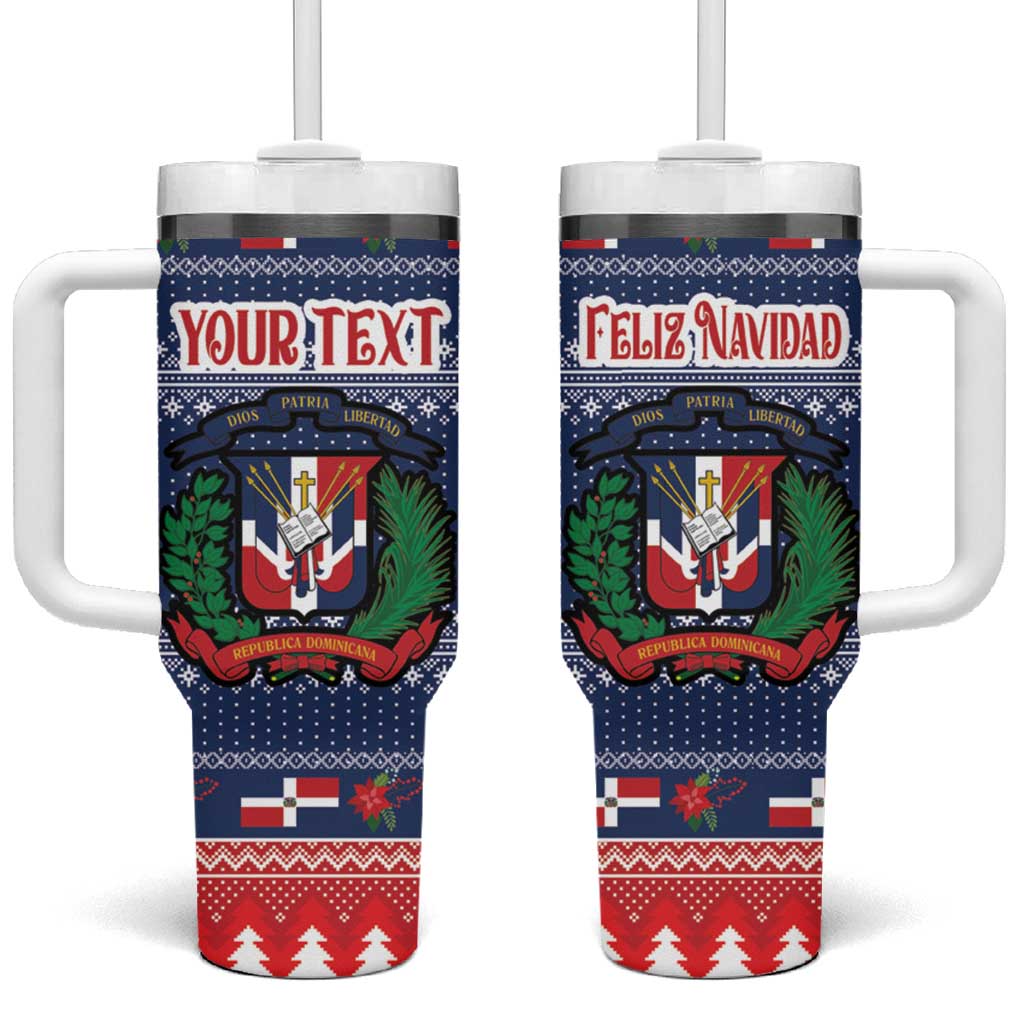 Blue personalized Christmas tumbler with handle and lid, "YOUR TEXT" Dominican emblem design