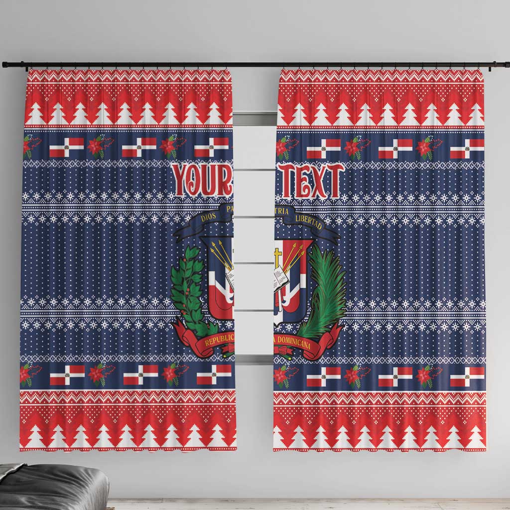 Blue Christmas window curtain pair with red tree border and Dominican coat-of-arms graphic