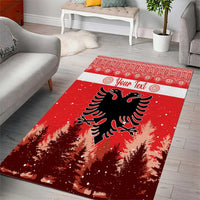 Personalized red Christmas area rug with centered double-headed eagle, pine silhouettes, 'Your Text'