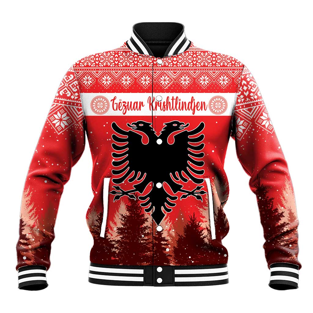 Red Christmas baseball jacket with eagle graphic, white knit trim, snap front