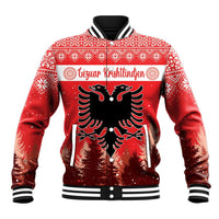 Red Christmas baseball jacket with eagle graphic, white knit trim, snap front