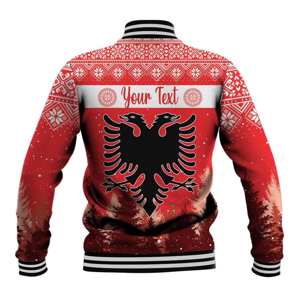 Red Christmas baseball jacket back view with eagle graphic, striped collar and cuffs