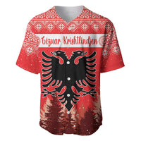 Red baseball jersey with Christmas pattern, double-headed eagle graphic, and decorative text