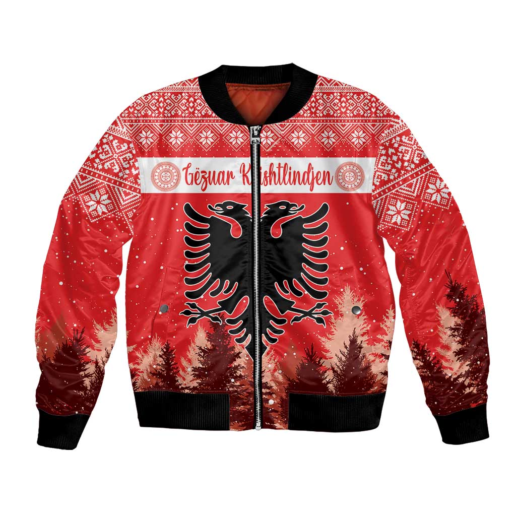 Unisex red Christmas bomber jacket with double-headed eagle and winter tree print