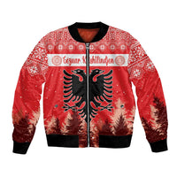 Unisex red Christmas bomber jacket with double-headed eagle and winter tree print