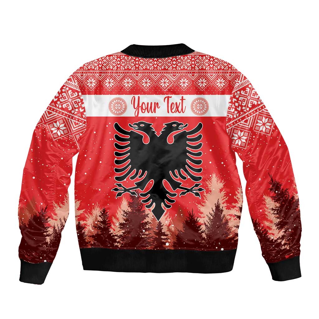 Unisex red Christmas bomber jacket with eagle graphic and customizable text panel