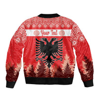 Unisex red Christmas bomber jacket with eagle graphic and customizable text panel