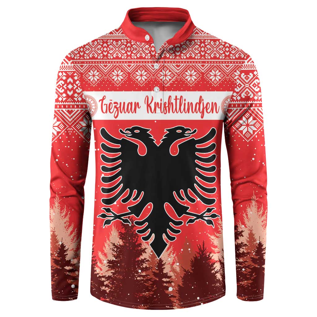 Red Christmas button sweatshirt with folk pattern, double-headed eagle, pine trees