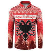 Red Christmas button sweatshirt with folk pattern, double-headed eagle, pine trees