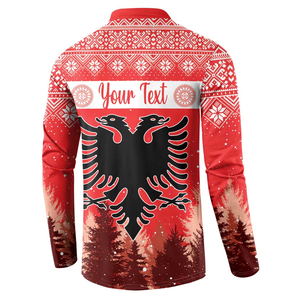 Red Christmas button sweatshirt with double-headed eagle, pine trees, and 'Your Text'