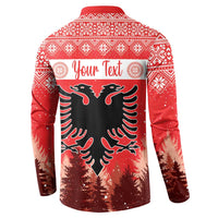 Red Christmas button sweatshirt with double-headed eagle, pine trees, and 'Your Text'