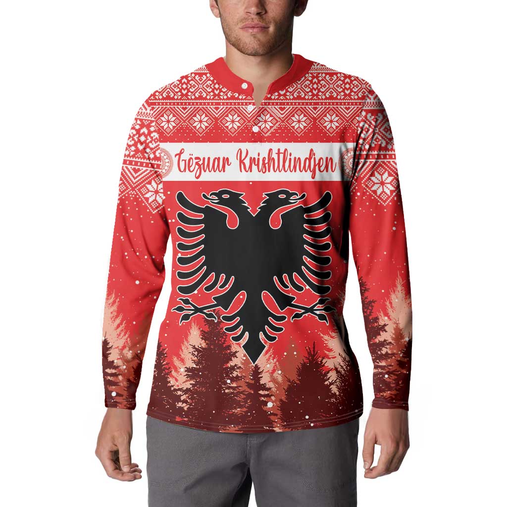 Red button sweatshirt with double-headed eagle and Christmas pattern