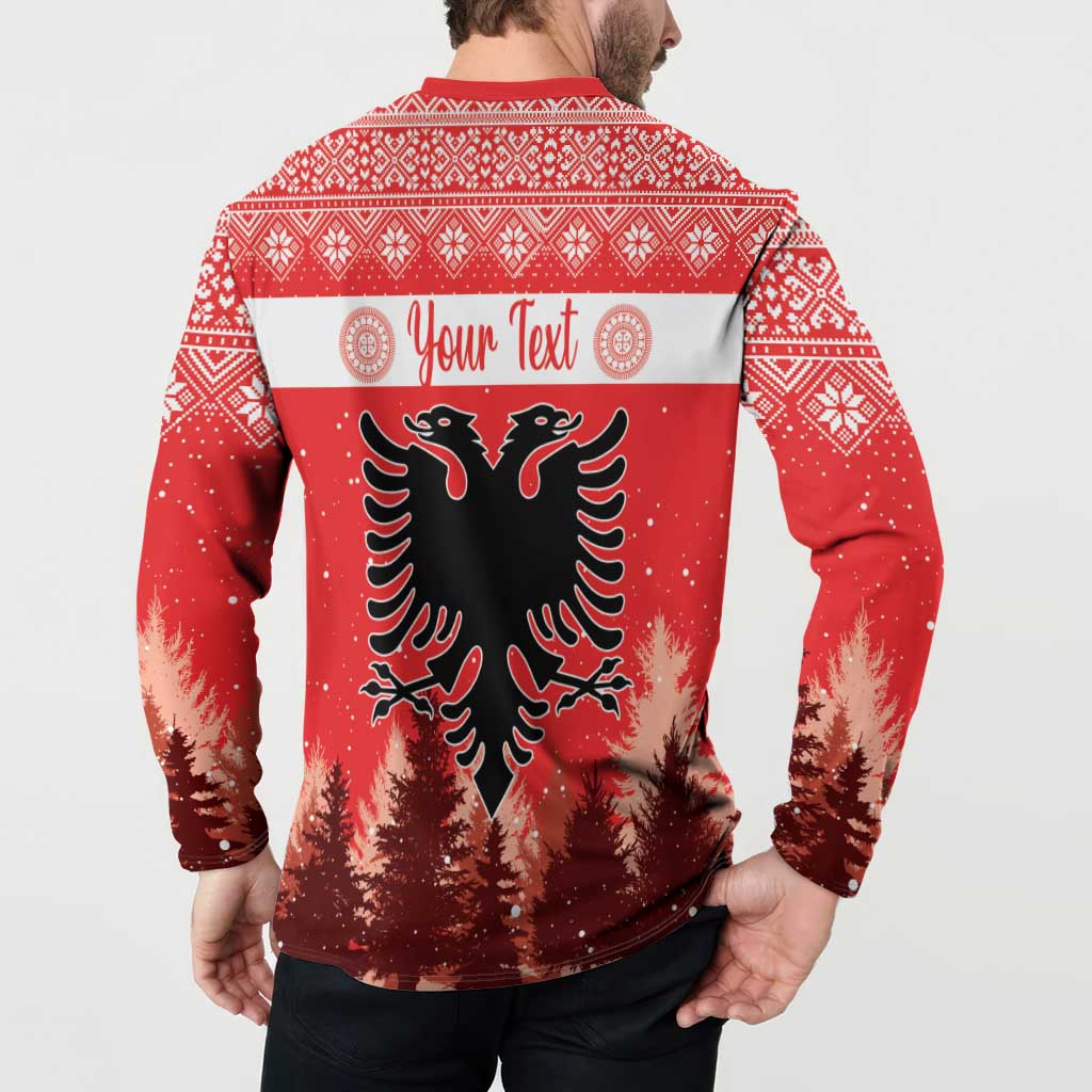 Back view red Christmas button sweatshirt with double-headed eagle, pine trees, and 'Your Text'
