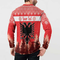 Back view red Christmas button sweatshirt with double-headed eagle, pine trees, and 'Your Text'